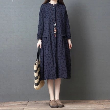 レディースワンピースシャツワンピーストッド柄水玉長袖膝丈Ａラインロングシャツ着痩せゆったり大きいサイズ