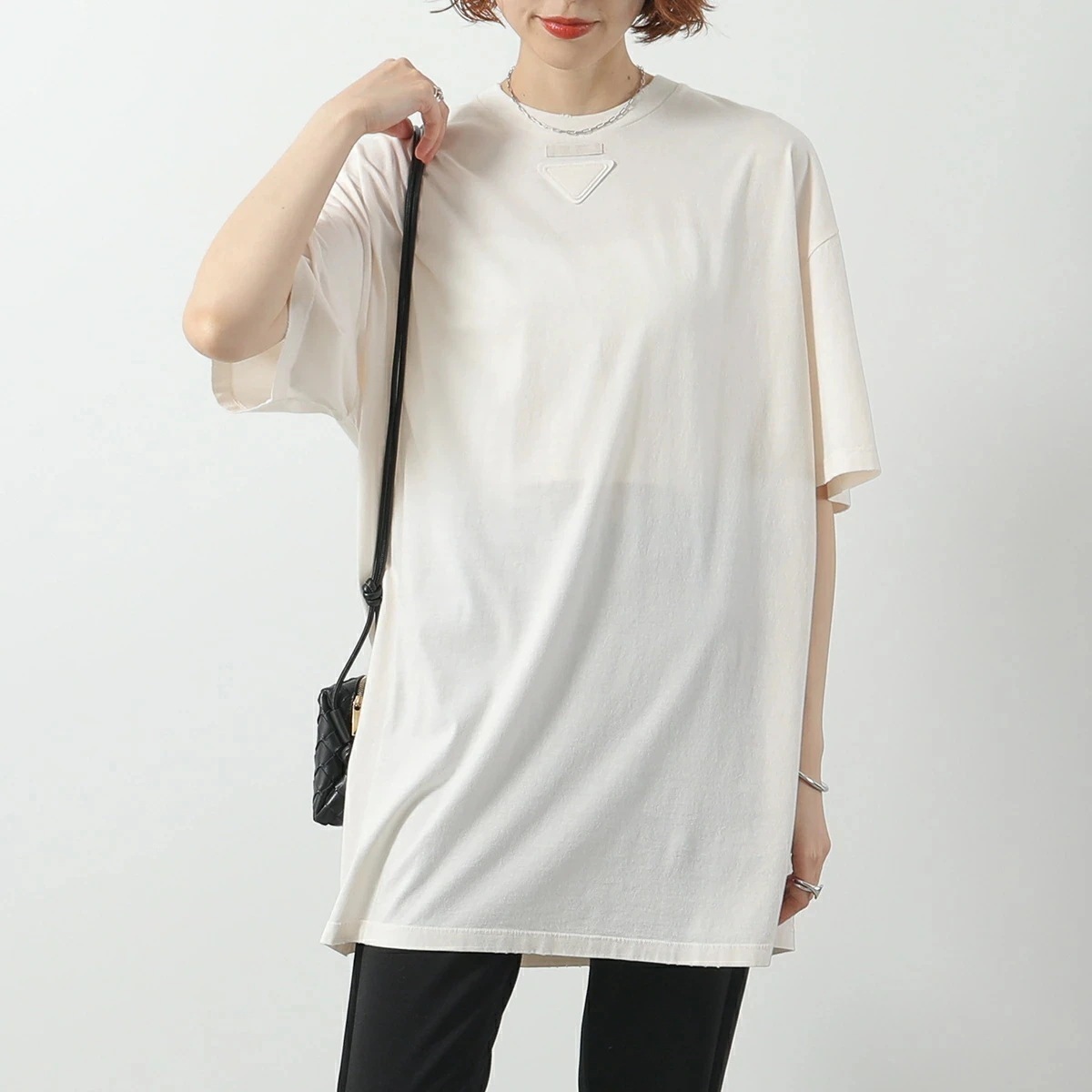 PRADA プラダ Tシャツ 3558A 12ZB レディース チュニック丈 コットン カットソー トライアングルロゴ パッチ クルーネック 3558A12ZBF0018