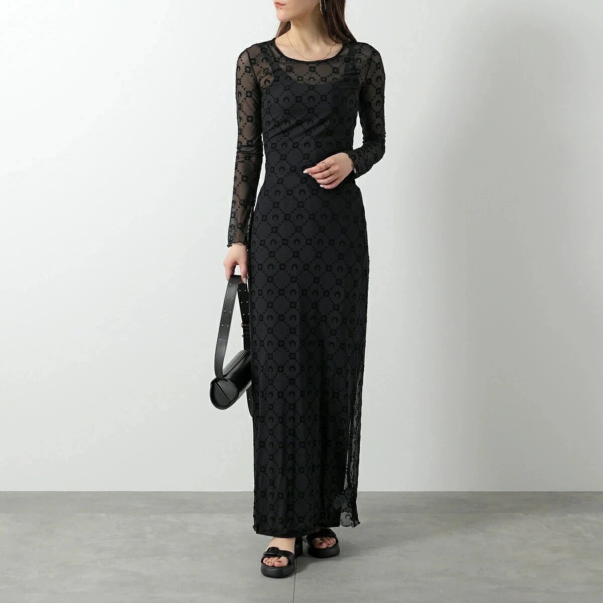 Marine Serre マリーン セル ワンピース Recycled Mesh Flock Long Dress WDR297B レディース 長袖 ロング丈 メッシュ 三日月 モチーフ BK99/B