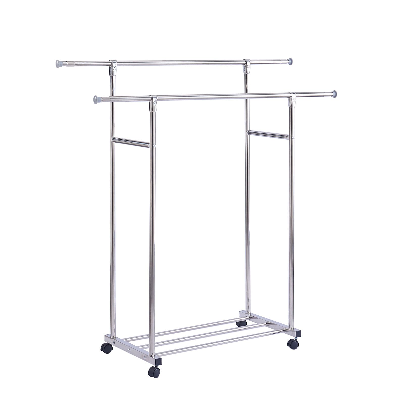 ダブルパイプ ハンガーラック 業務用 大容量 伸縮式 高さ調節 洋服ハンガー 衣類収納ラック キャスター付き シルバー (B型ハンガーラック)