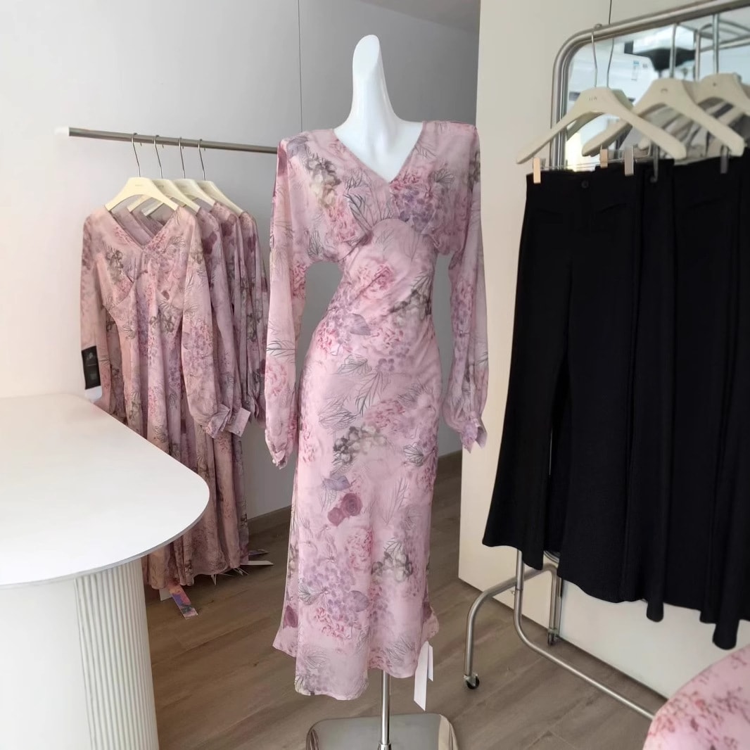 【急速出荷】シナモンパウダーたっぷり水彩コロナvネックプリント斜めカットスリムロングスカート気品ワンピース