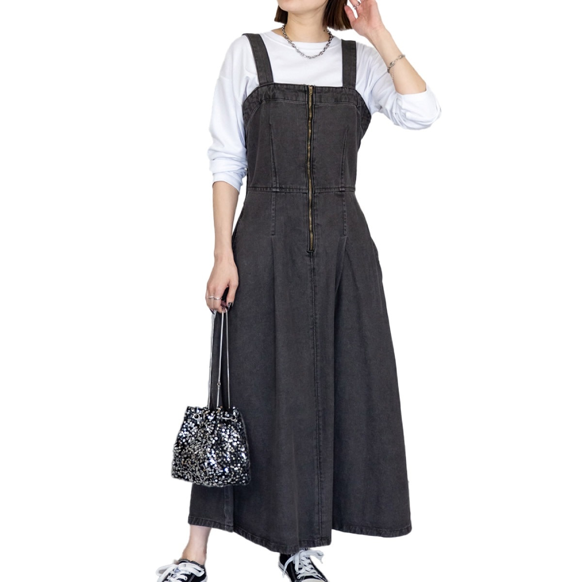 ジャンスカ デニム ジャンパースカート 大きいサイズ レディース ワンピース ロング サロペットスカート Aライン フロントジップ 大人可愛い カジュアル きれいめ シンプル 体型カバー 着痩せ おし