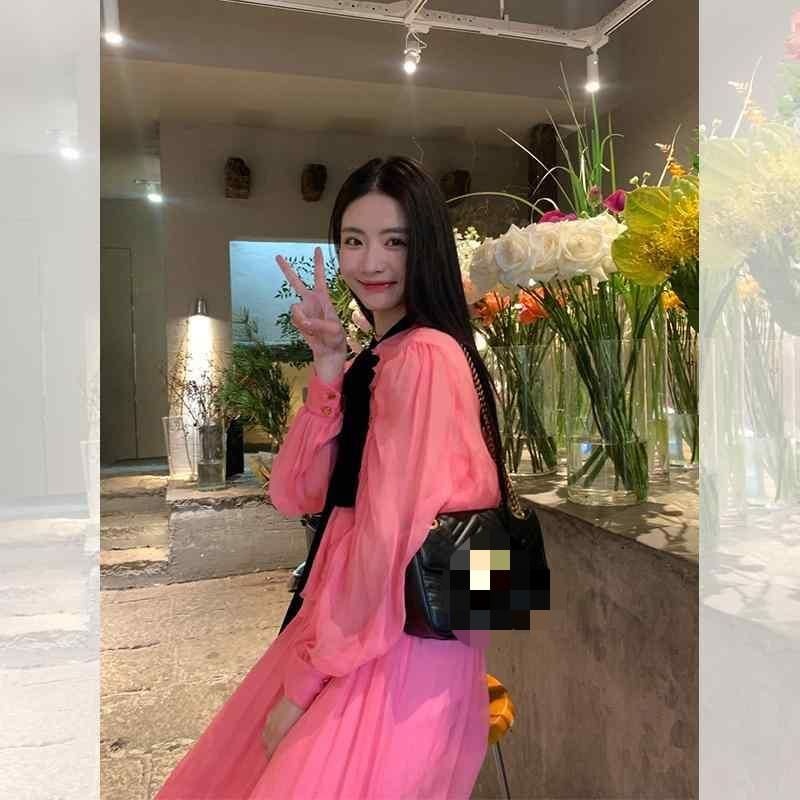 新品スカート キレイ レディース ピンク ドレス リボン 可愛い パフスリーブシャツ スタイル 上品 春秋 長袖 フレンチスタイル ワンピース