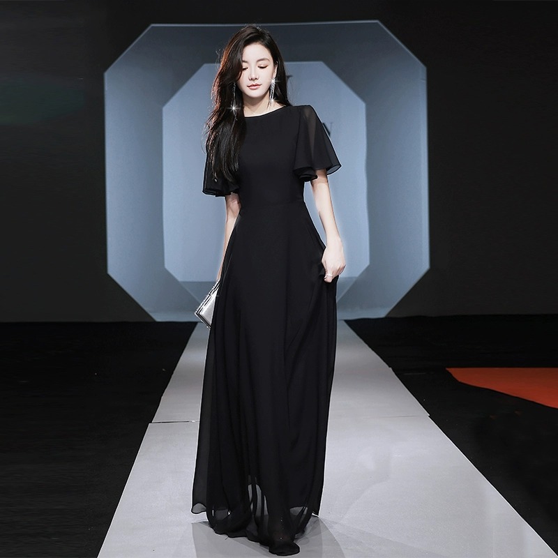 イブニングドレスシフォン宴会気質セレブ軽やか贅沢ゆったりロングブラックコーラス演出ワンピース