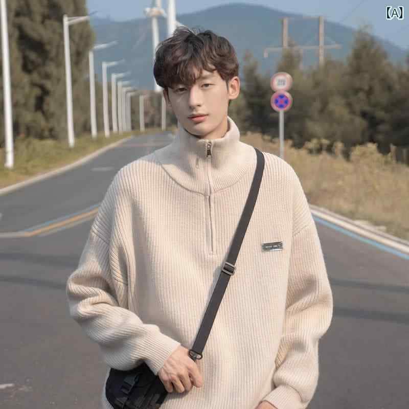 セーター メンズ ニット トップス 秋冬 ハーフジップ ファッション カジュアル タートルネック 暖かい ベージュ グレー ブラウン