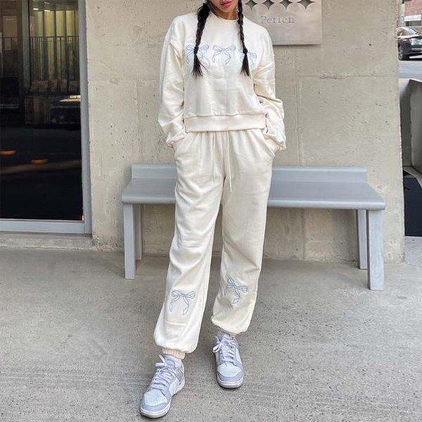 Hスタイル(SET)リボン刺繍スウェットジョガーセット 春 女性 トレーニングウェアセット スウェットセット ジョガーセット 上下セットアップ