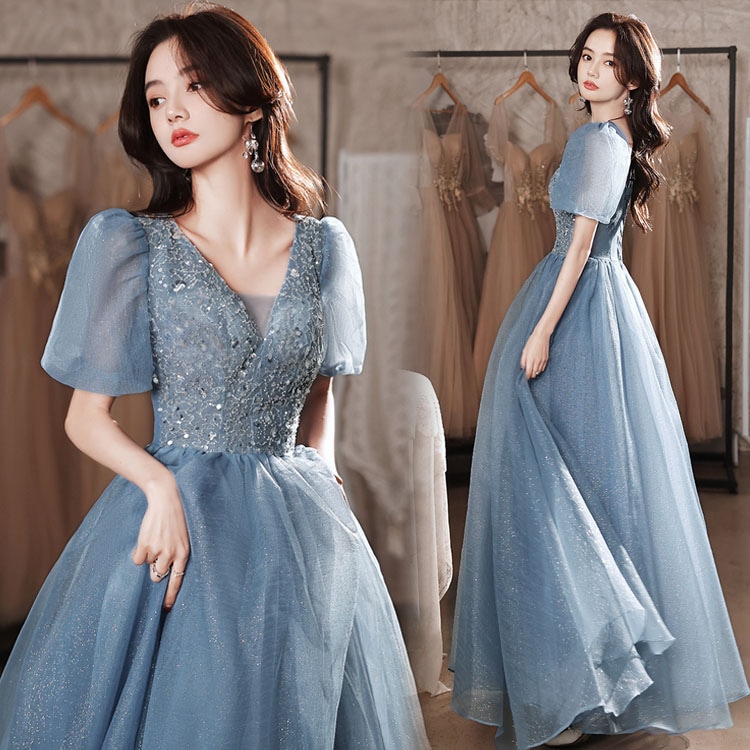 送料無料 イブニングドレス ブルー グレー ロングドレス 発表会ドレス パフスリーブ Vネック パーティードレス Aライン ロング ミディアム丈 2タイプ 結婚式ドレス 二次会ドレス ミモレ丈ドレス 7,013円
