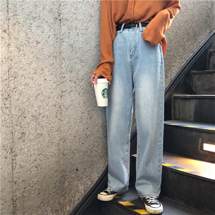 色落ち感 ウォッシュ加工 ワイドレッグパンツ ジーンズ ボトムス パンツ ズボン モップパンツ ロング丈 ストレート デニム サイドポケット 前ファスナー ハイウエスト ベルト通し付き シンプル