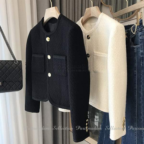 【限定セール】高品質上品ノーカラージャケット　ショートジャケット　ブラック　ホワイトゴージャス　入学式　七五三パーティー卒業式大人女子会ほっそり効果大