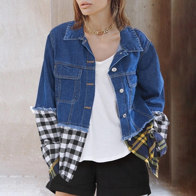 【限定SALE!!】ヨーロッパ駅デニムチェックのパッチワークトップス新型翻訳長袖シングルブレストカジュアルコート秋服 レディース