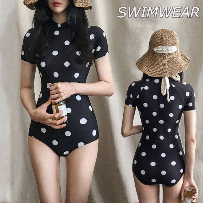 レディース 水着 半袖 体型カバー水着 セクシー 大人 水着 ビーチ スクール 海水浴 可愛い 水着 女子 おしゃれ 脚長効果 ドット柄 水着 レディース 小胸 オールインワン 水着 M L XL