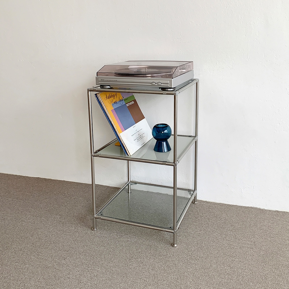 ステンレスモジュール家具 デュアルキューブサイドテーブル 韓国インテリア 水平調節可能な足付き ガラスカラー 選択可能 リビング 寝室 収納 棚 41x41x67cm