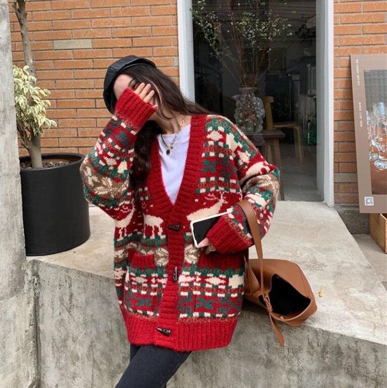 新作ゆったり洋風厚手クリスマス新赤いセーターカーディガンバイアルコート女性