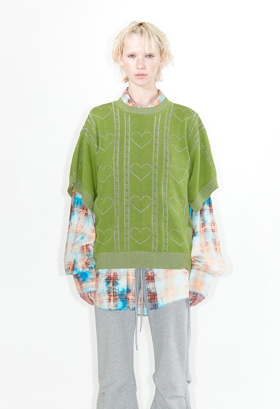 【OPEN Yy】 HEART&CABLE CREWNECK KNIT : GREEN