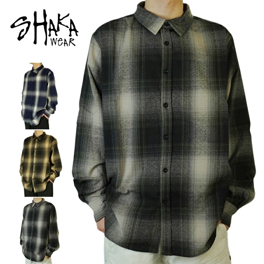 シャカウェア SHAKA WEARメンズ シャツFLANNEL SHIRT フランネル シャツシャドウ ブラック ブラウン ネイビー男性用 チェック オンブレ