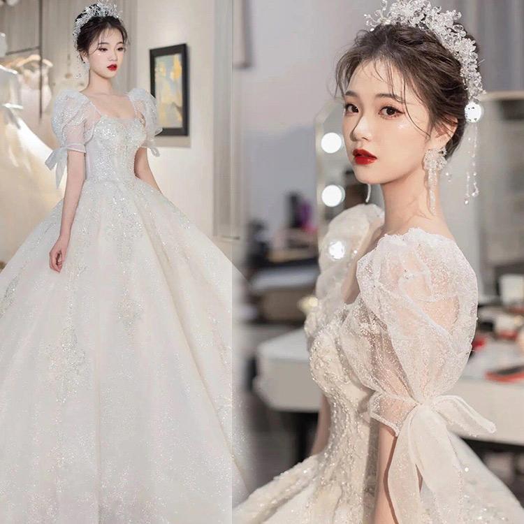 ウェディングドレス 袖あり 結婚式 白 可愛い トレーン 花嫁ドレス ロングドレス 二次会 フォームドレス お呼ばれ 挙式 エレガント 姫系 ウェディングドレス