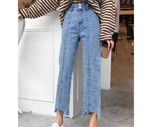 レディース パンツ ボトムス デニム ジーンズ Gパン 9分丈 アンクル丈 フルレングス ワイド ストレート ハイウエスト ボタン ダメージ シンプル カジュアル おしゃれ かっこいい レトロ