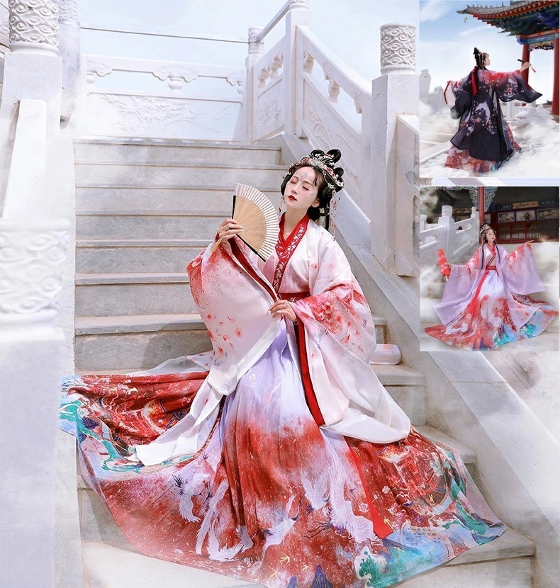 4点セット グラデーション 中華風コスプレ 漢服 唐装 レディース 舞台衣装 羽織 プリント 中華服 チャイナ服 中華コスプレ衣装 中華衣裳 エスニック トップス スカート 唐時代 古代 時代劇 華