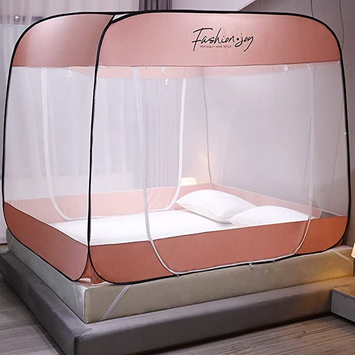 蚊帳 ワンタッチ モスキートネット 折りたたみ式 日本語説明書付き 幅200cmx奥行220cm( ピンク, 幅200cmx220cm)