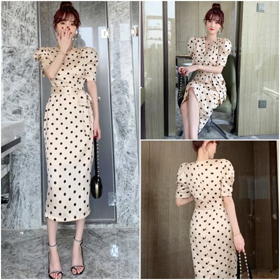 【取寄：納期2週間】ワンピースドレス 水玉 ドット柄 パフスリーブ ハイウエスト Vネック お呼ばれ きれいめ パーティードレス タイトスカート レトロ 半袖ワンピース ロングワンピース フェミニン