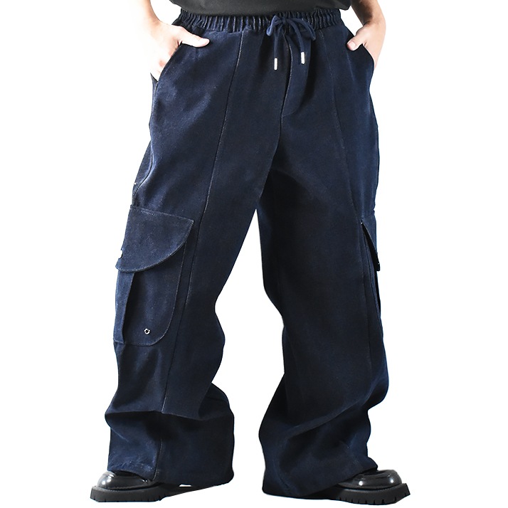 ワイドデニム メンズ カーゴパンツ ゆったり ワイドパンツ デニム ウエストゴム 紐 ピーチ起毛 デニムカーゴパンツ かっこいい デニムパンツ ワイドストレート ジーンズ ズボン ジーパン 裾絞り