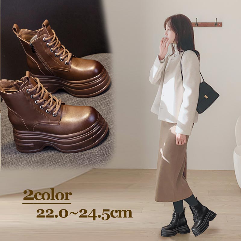 ショートブーツ レディース 厚底 ローヒール 編上げタイプ 歩きやすい 痛くない ヒール8センチ 美足 防寒 秋冬 PU 韓国 ブラウン 黒 通勤 大人 22.0 22.5 23.0 23.5 24