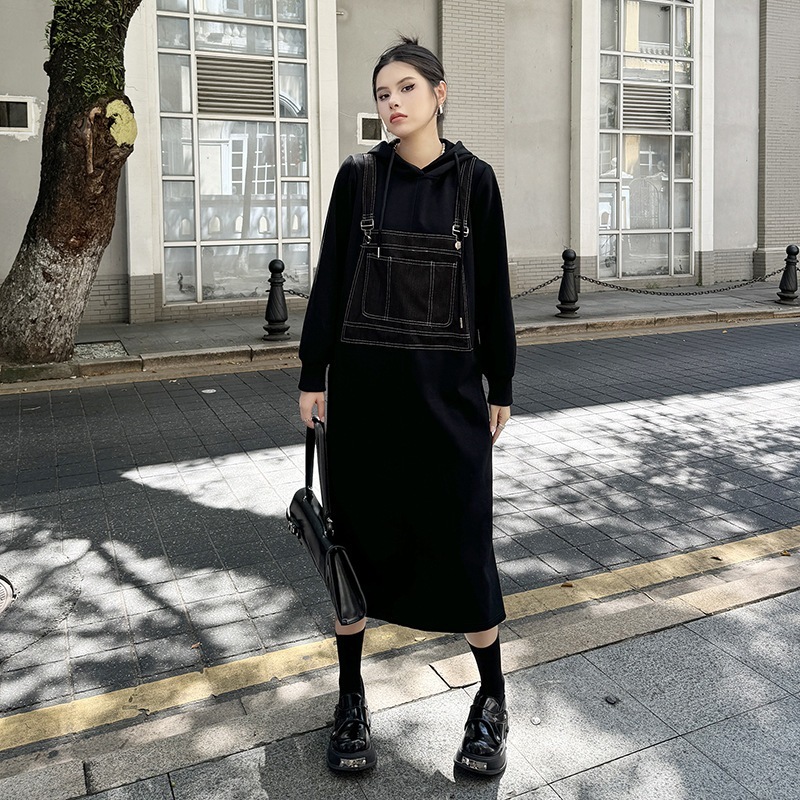 【J.Fashion】 デニムドッキング ニットワンピース フード付き おしゃれ 個性的なデザイン レディース ロングワンピース パーカーワンピース メガ割