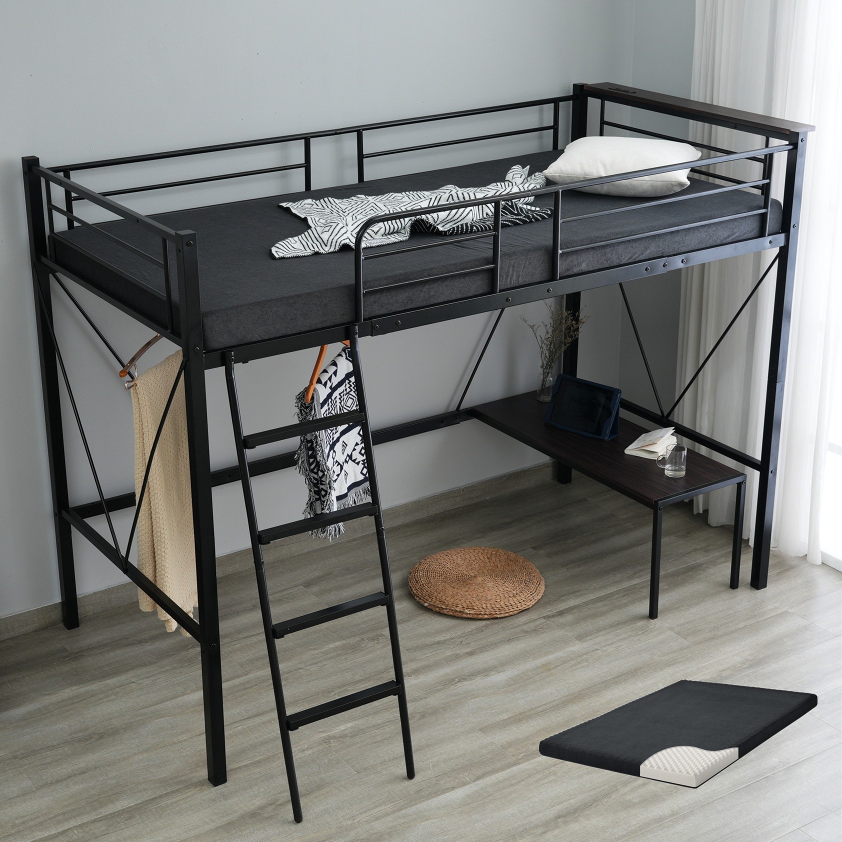 【8】【厚さ10cmマットレス付き】ロフトベッド シングル コンセント付き ミドルタイプ 高さ150cm ローデスク付き パイプベッド アイアンベッド 子供部屋 スチール 耐震 ベッド シングル パイ