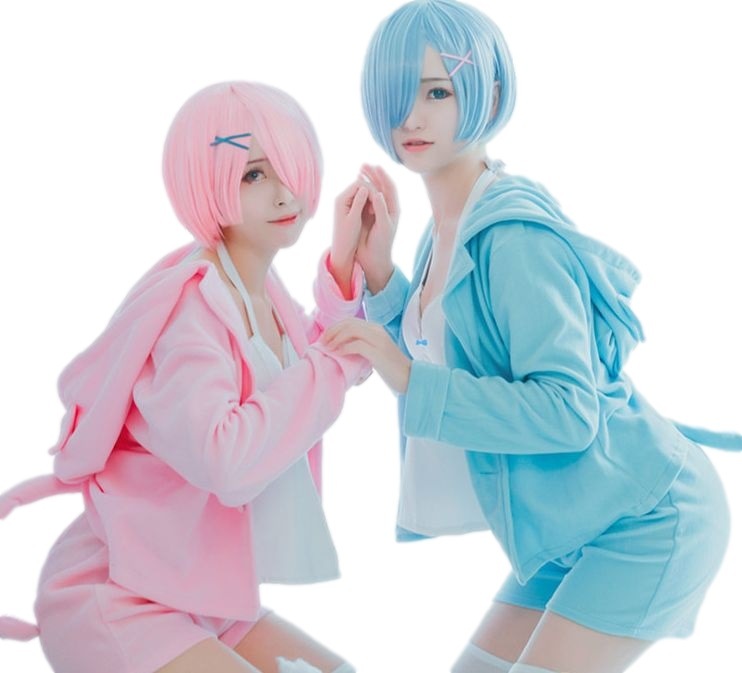 Re:ゼロから始める異世界生活 風 リゼロ レム ラム 猫パジャマ コスチューム コスプレ衣装 5点セット ブルー ピンク サイズ S―XL