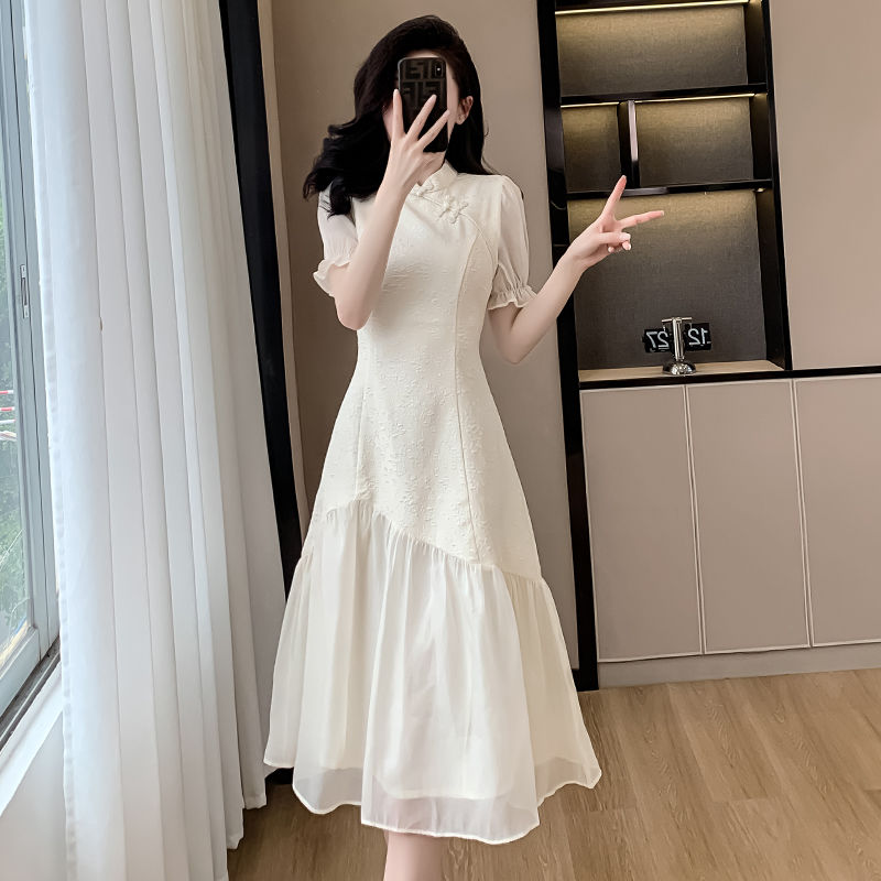 スカート新しいチョンサムスタンドアップ襟改良レトロ若いモデルのドレススプライシング スプライスデザインセンス気質薄い ワンピース ワンピース ドレス ロングワンピース シャツワ