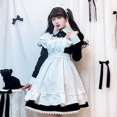 メイド服、2Ｌ 角襟黒クラシカルロングワンピースと白ロングフリルエプロン メイド服、角襟、黒クラシカルロングワンピースと白ロングフリル