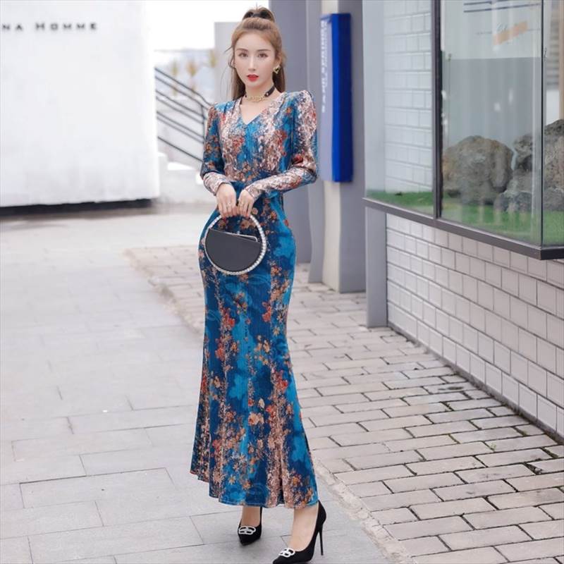 3色 キャバ ドレス ロング マーメイド セクシー 黒 赤 花柄 青 パーティードレス レディース ロング丈 長袖 カッコイイ デキる女 フレア 秋 冬 大きいサイズ xl ブラック レッド ブルー 7,915円