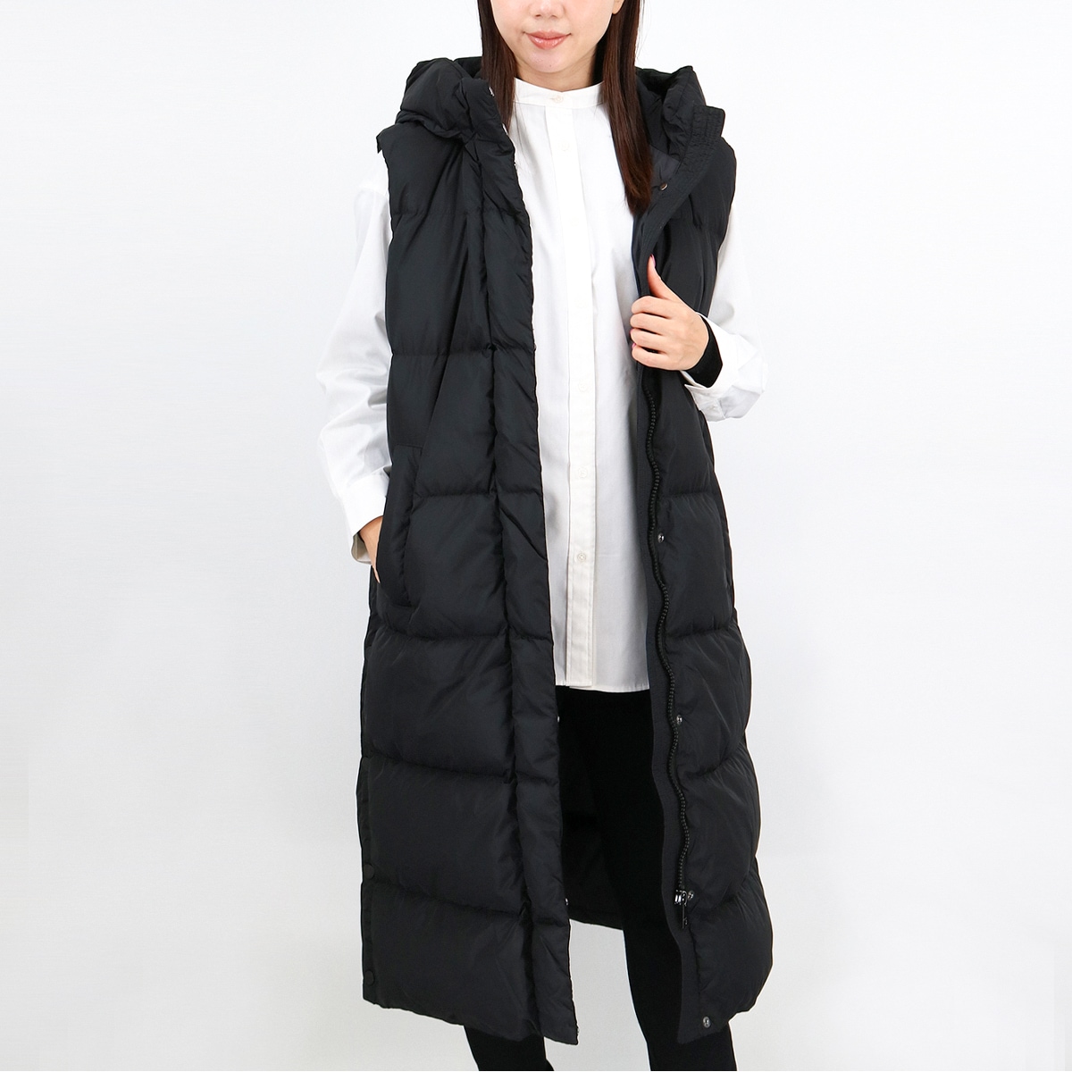 ZIMINO 004 レディース ロング ダウンベスト 撥水タフタ フード ブラック アウター