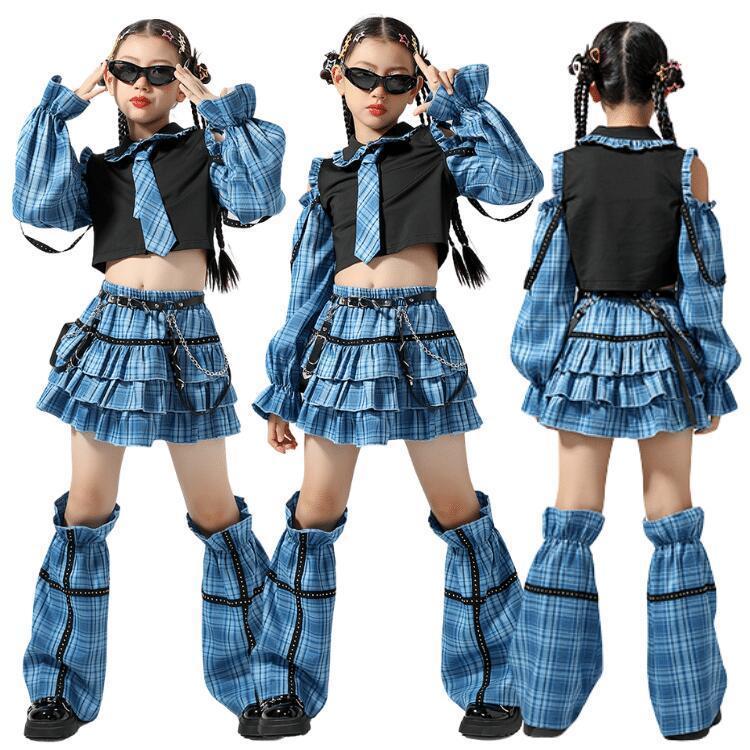 【即納】キッズ ダンス衣装 舞台服 女子 子供服 ダンス衣装 チェック柄 ブルー 黒 Y2K ネクタイ付き トップス スカート レッグウォーマー ダンス おしゃれ チアダンス