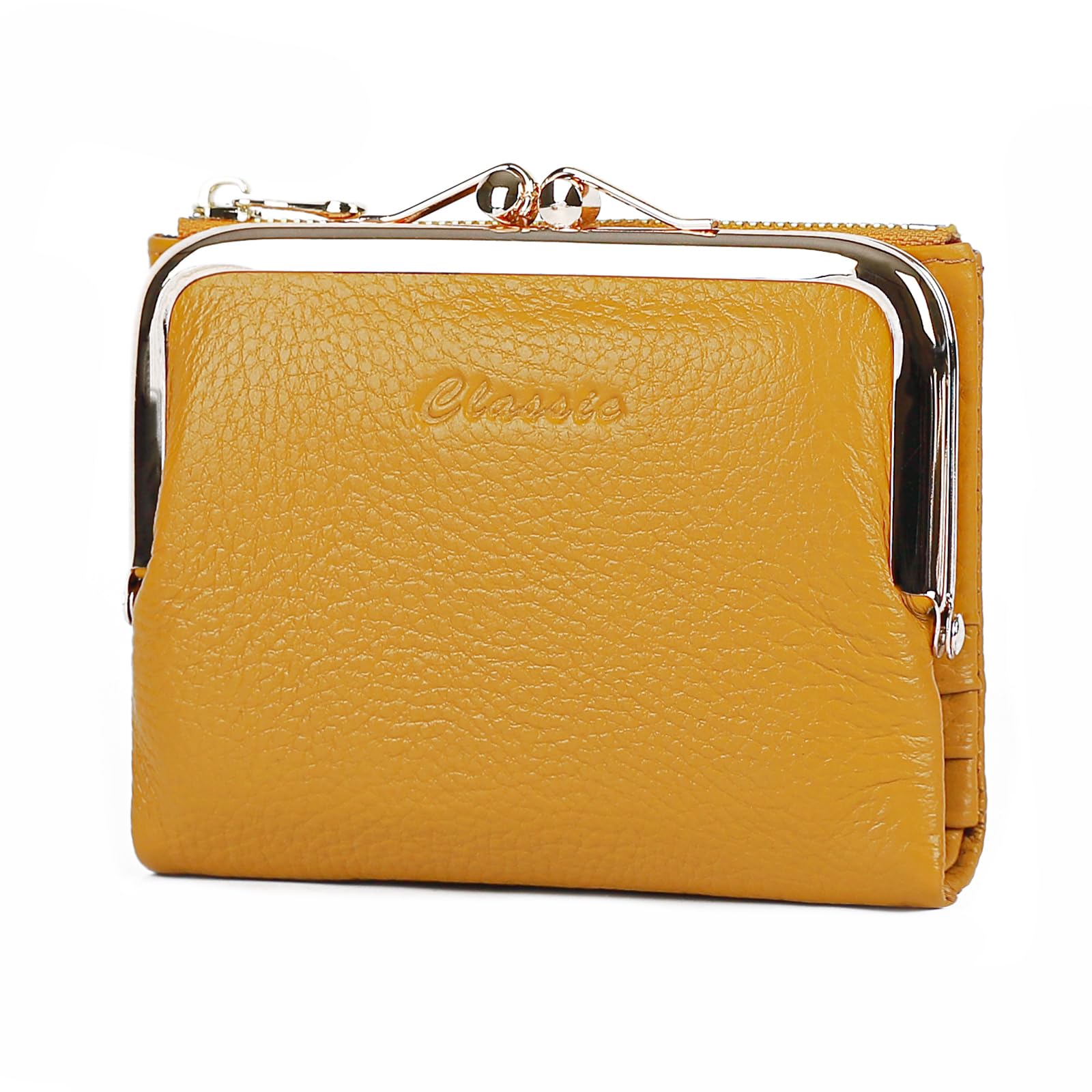 [imeetu] がま口財布 本革 レディース 二つ折り財布 旅行財布 大容量 柔らかい 小銭入れ付き 牛本革 軽量 多機能 コンパクト カジュアル （シボレザー イエロー）