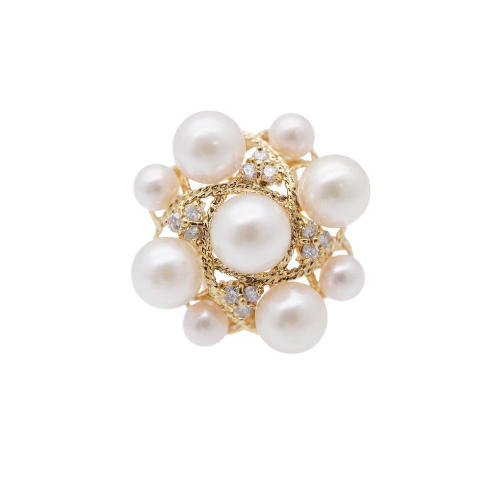 美品 K18YG パール4.5-7mm ダイヤ リング・指輪 K18イエローゴールド/ダイヤモンド/真珠 10号 0052【中古】 レディース