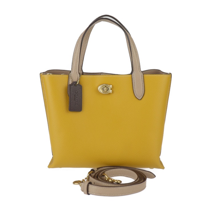超美品 COACH コーチ ハンドバッグ C8561 ウィロウ トート 24 カラーブロック ポリッシュド ペブル レザー イエロー系 ベージュ系 ゴールド金具 2WAY ショ【本物保証】 19,950円