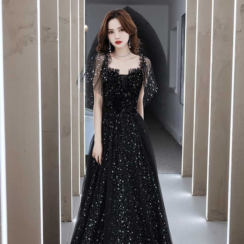 黒のイブニングドレス女性ハイエンドホスト宴会2024新しい秋の気質ハイエンドライト高級ニッチ