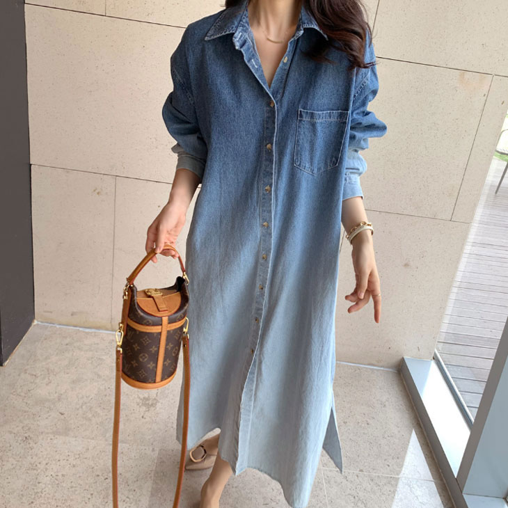 デニムワンピース レディース デニム ロングワンピース ワンピース 秋 ウォッシュド加工 襟付き 長袖 ドレス ドレスワンピース ヴィンテージ レトロ お洒落 カジュアル 韓国ファッション