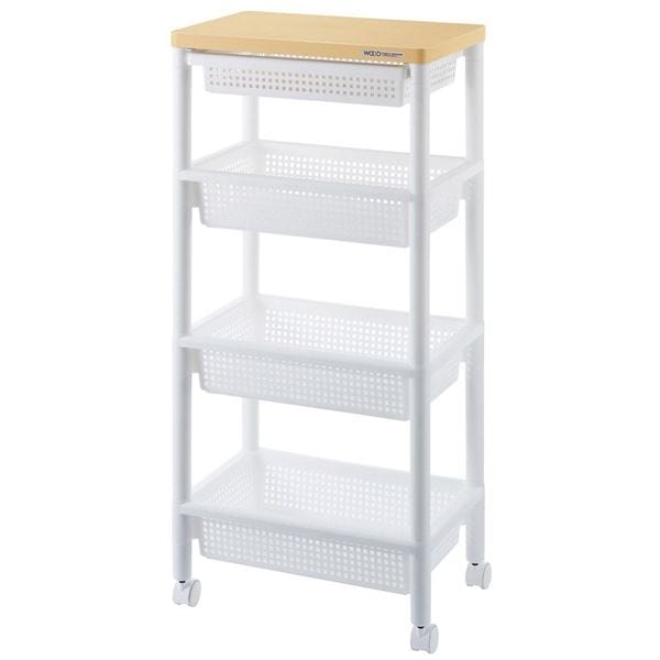 (3個セット) キャスター付きテーブルワゴン/マルチ収納棚 (ホワイト) 幅45.5cm×高さ97.8cm 引き出しバスケット・3段棚付き 木製天板