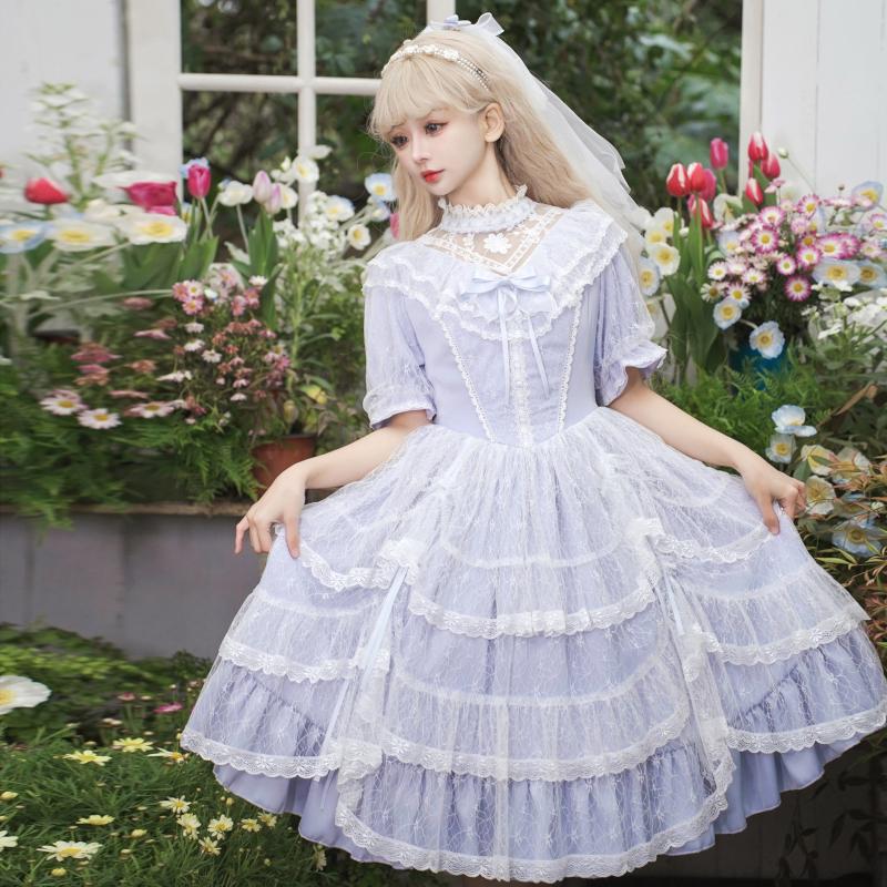 新作 ロリータ Lolita ワンピース 半袖 ドレス オーバースカート付き Vフリル 可愛い レース リボン フリル 春夏 ロリィタ 姫系