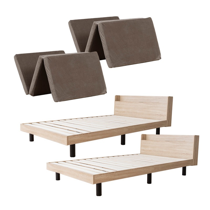 すのこベッド マットレスセット 高反発ウレタン 3つ折り 2口コンセント付き すのこ クイーン マットレス ベッドフレーム 棚付き シンプル 北欧風