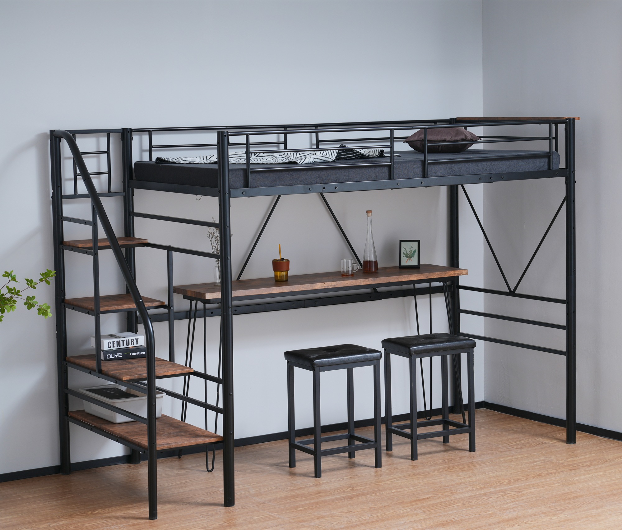 【SD スモールダブルベッド】中二階アイアンベッド 階段付き コンセント付き 収納付き スチール製 耐震