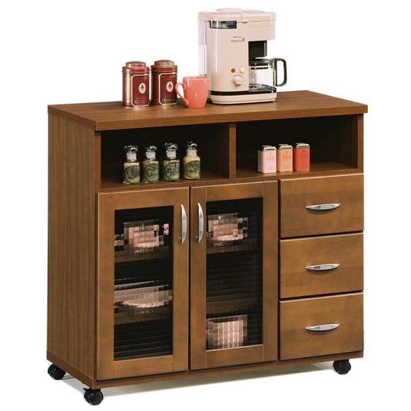 日本製 カントリー調 天然木 キッチンカウンター 89cm幅 ブラウン 完成品 カウンター キッチン収納 キャスター付き