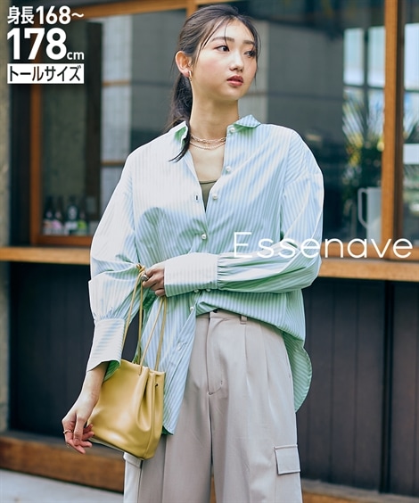 シャツブラウス 高身長　ゆるシルエットパール調ボタンシャツ トールサイズ Essenave