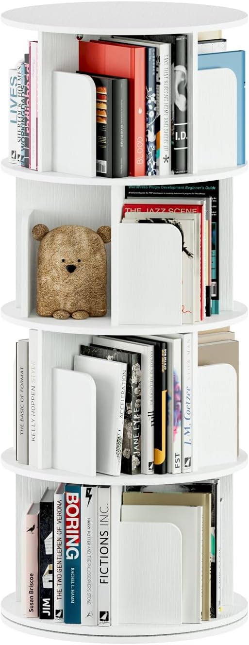 回転式本棚 4 段 直径 40× 高さ 128cm A4 対応 コミック絵本 CD 収納 大容量 組立簡単 ホワイト