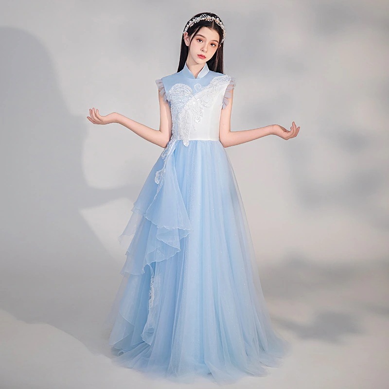 【2枚購入で 3oo円OFF】子供向けのフォークミュージックパフォーマンスコスム2025ライトブルーニューチャイニーズスタイルドレスリトルガールナショナルスタイルグザンスーツ