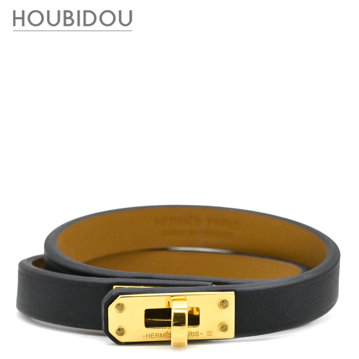 エルメス ブレスレット ミニ ケリードゥブルトゥール ヴォースイフト GP ブラック T1 ゴールド金具 黒 2重 2連 レザーブレス B 【保存袋】【中古】