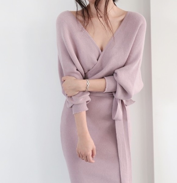 1932.バックストラップニットワンピース（ピンク）2019 春夏 sale ドレス エレガント お呼ばれ パーティー 結婚式 披露宴 女子会 レストラン デート