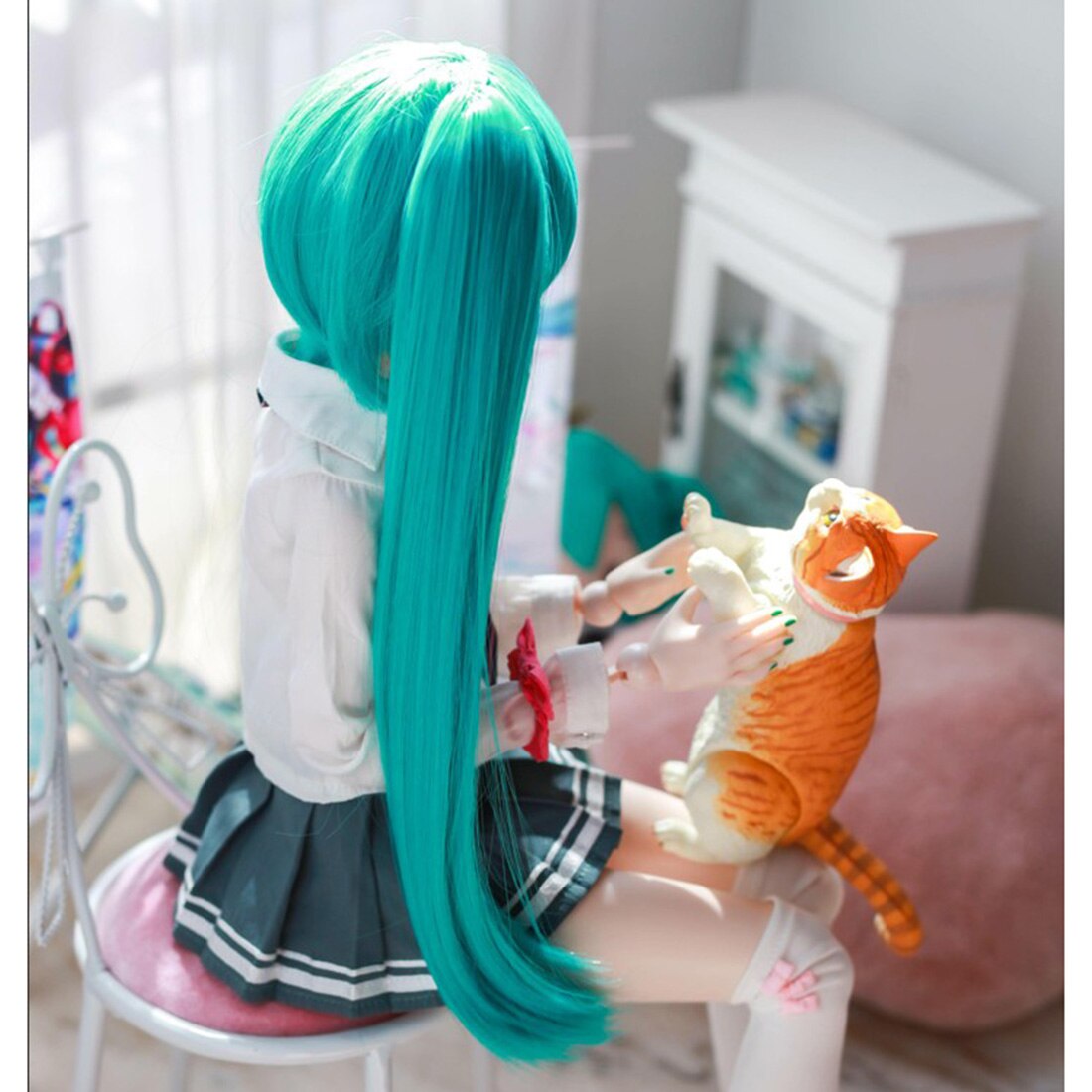 1/3ボールジョイント人形かつら初音ミクストレートヘア房ポニーテールかつら-グリーン/勾配色/ブルー (唯一のかつら人形なし)